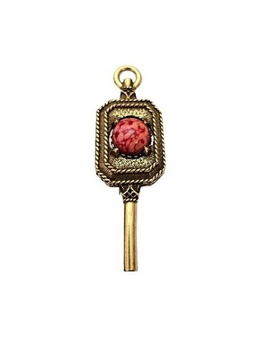 Jeanne Red Mottled Glass Cabochon Brooch Watch Key Pin Signed, J614