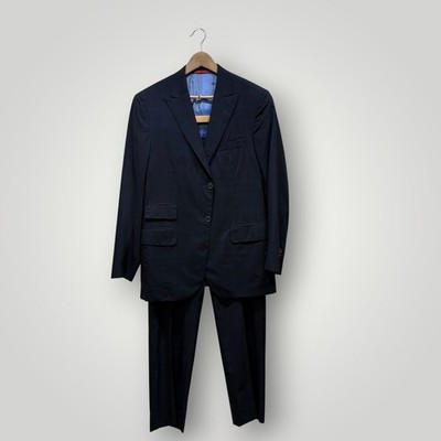 Isaia Napoli Men Navy Blue Windowpane Wool Silk Suit 150s Aqualight IT 52/ US 42