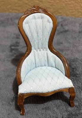 Dollhouse Miniature Wood Victorian Light Blue Satin Lady's Chair Mahogany