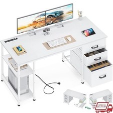 Reversible Computer Desk W/ Power Outlets USB Fabric Drawers  Storage Shelves