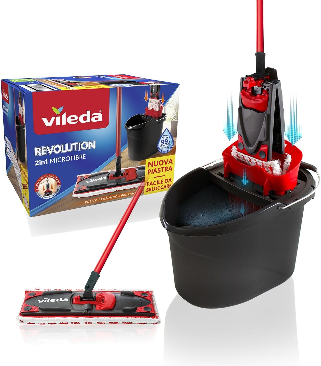 Revolution Box, Sistema lavapavimenti con secchio e piastra piatta, 2 panni micr
