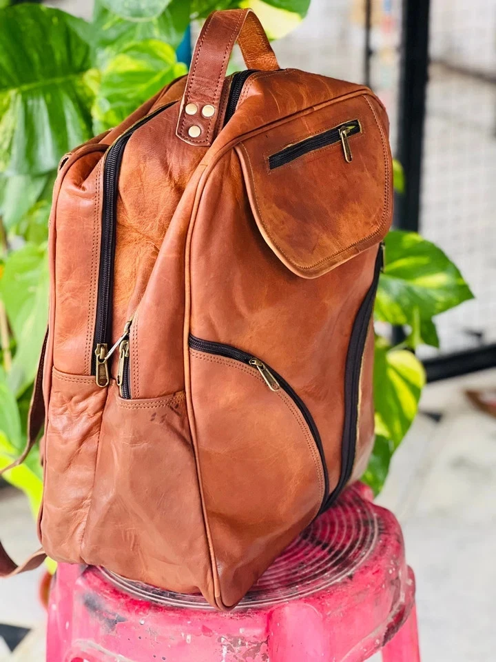 Genuine Goat Leather Vintage Laptop Bag Men's Large Gym Backpack Travel Rucksack