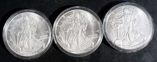 Three One Ounce American Eagle Silver Coins 2021-2006-2004 Mint Uncirculated