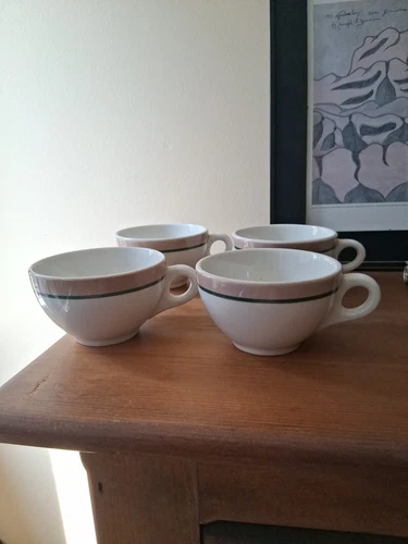 Syracuse China Restaurant Ware Tan & Green Striped Coffee Cups Set Of 4