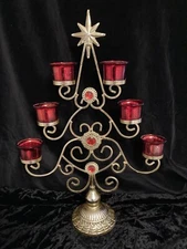 VINTAGE BLING GOLD METAL CHRISTMAS TREE CANDELABRA VOTIVE TEA LIGHT HOLDER