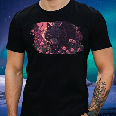 Mens Wolf on Flower Field Motif Cotton T-Shirt Size S to 5XL