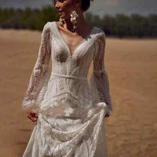 Boho A-Line Long Sleeves Wedding Dress V Neck Lace Backless Train Bridal Gowns