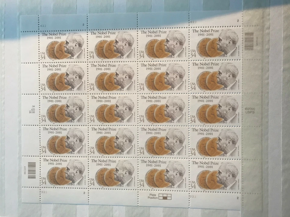 USA 2001 20er-Bogen 100 Jahre Nobelpreis Alfred Nobel postfrisch - Bild 1 von 1