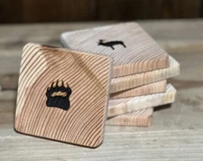 6 Wood Drink Coasters Set Montana Made Branded Wooden Cabin Decor Bear Elk Wolf