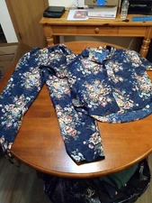 VTG Val Mode Silky Polyester 2 Pc Blue Floral Pajama Set SZ Small