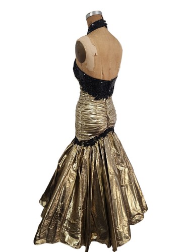 Vtg 80s Prom Dress XS Mermaid Gold Lame Halter Metallic Ruched Pageant Gown - Picture 17 of 19