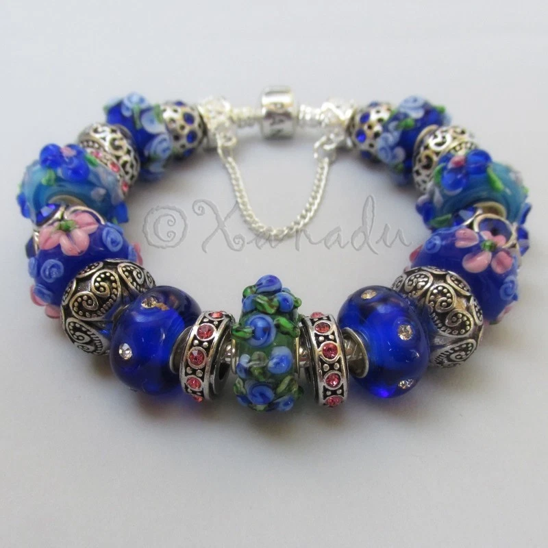 Pulsera Pandora genuina con cuentas de Murano artesanales florales azules reales europeas Foto 2 de 4
