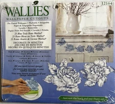Blue Toile Roses Wallies 25 Wallpaper Cutouts Pre-pasted Cottage Granny Core