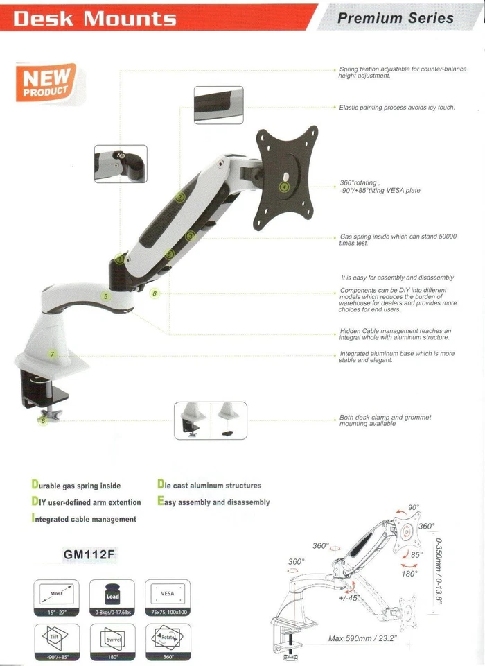 RobotArm GM112F Gas Spring Desk Mount LCD for 15" to 27" LCD or LED monitors NEW - Image 3 of 3