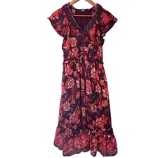 Old Navy Red Floral Short Sleeved Ruffle Chiffon Dress Warm Colors Lined Size S