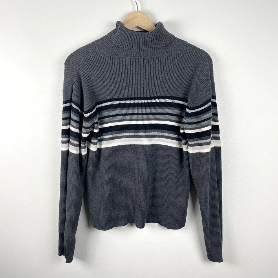 Suéter y2k 00s Acanalado Rayas Cuello Alto Mujer L Gris Manga Larga Indie Preppy Foto 3 de 4