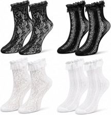 Womens Lace Ruffle Ankle Socks, 4 Pairs Frilly Trim Sheer Mesh Socks, Black