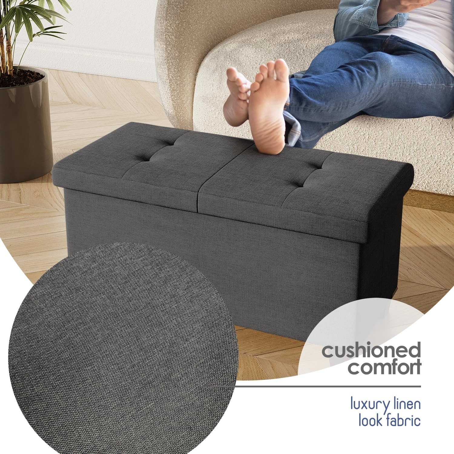 Storage Ottoman Bench with Bins, 30-In for Bedroom End of Bed, Folding Foot