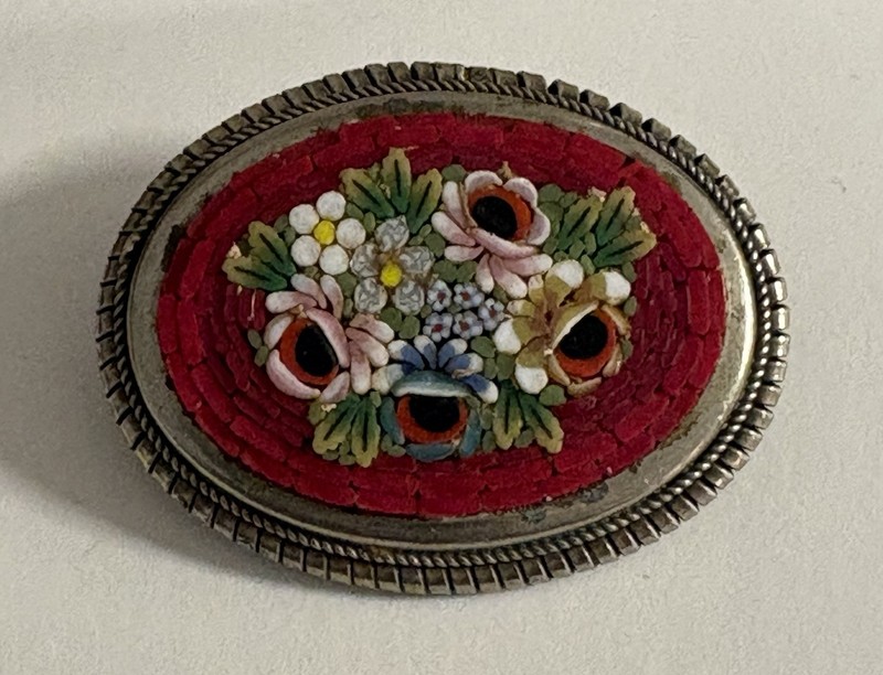 Vintage Italian Micro Mosaic Floral Brooch Pin Millefiori Silver Tone Sold As Is