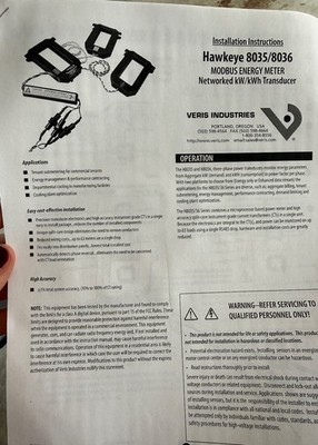 Veris Industries Hawkeye 8036 Power Meter 100 Amp 3 Phase - Modbus RTU 9600 Baud