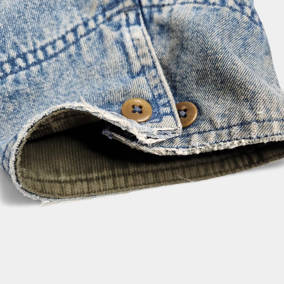 L.L. Bean Denim Barn Coat Mens Large Faded Blue Plaid liner Primaloft JX74 - Image 3 of 4