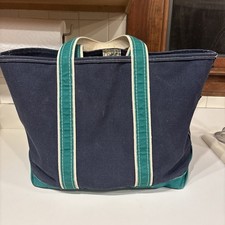 Vintage 80s L.L. Bean Boat and Tote Canvas Bag Blue w/ Green Straps Sawtooth Tag