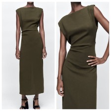 Zara Sleeveless Drapped Boat Neck Midi Dress Dark Khaki Green Size L