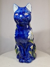 Pre-Owned Large Ceramic Decorated Floral  Cat, Seated and in Blue, Italy