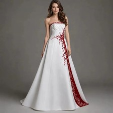 Elegant Embroidery Satin Wedding Dress Pearls Beaded Corset White And Burgundy