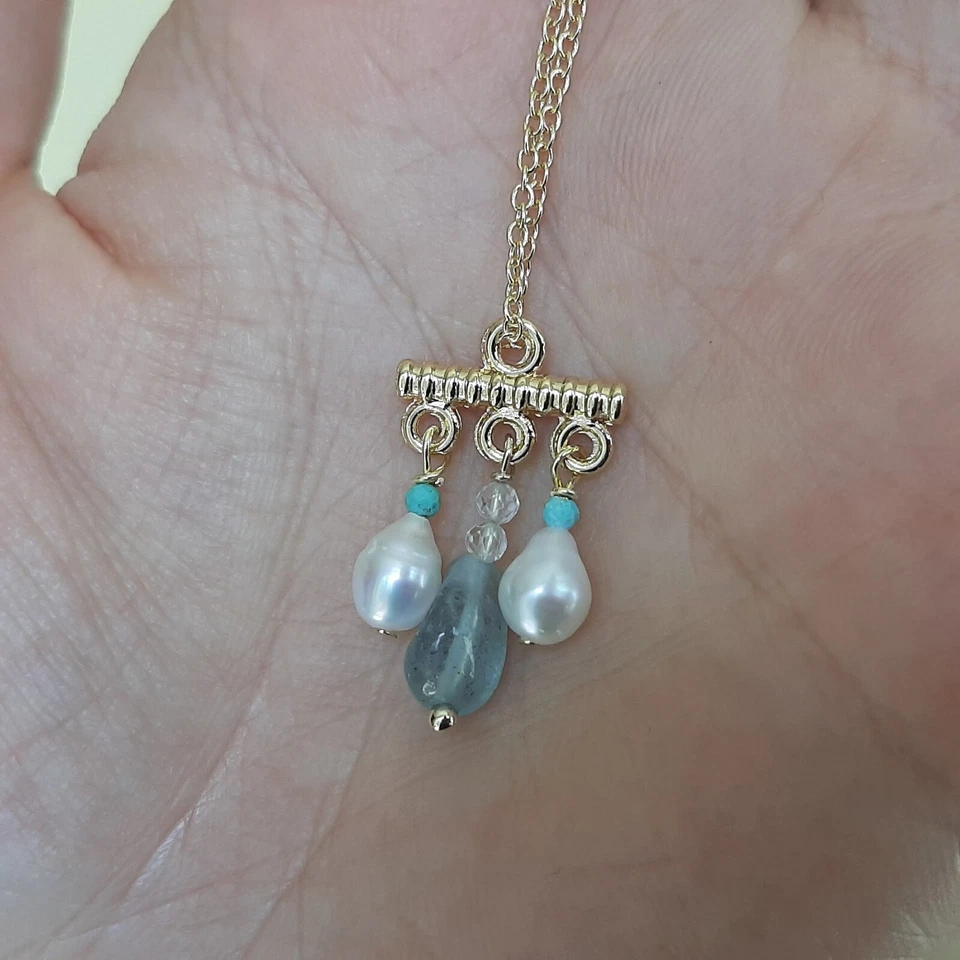 collier pendentif en pierre précieuse perles aigue-marine turquoise topaze - Photo 2/4