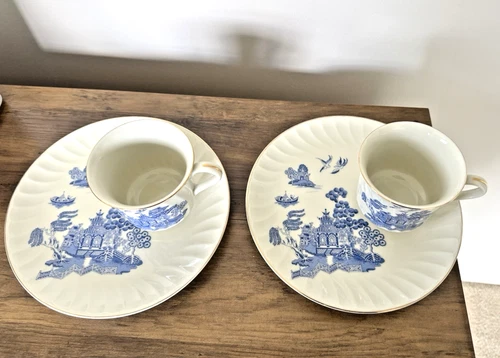 Set of 2 Snack/Lunch Plates w Cups-Blue Willow-Robinson Design-Vtg 1989-8 Inch