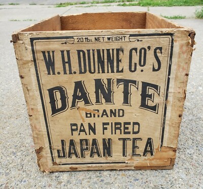 RARE Antique 19th C. W.H. Dunne Dante Pan Fired Japan Tea Wood Crate Box Sign
