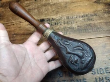Rare Antique 1860s BLACK POWDER  SHOT POUCH Solid LEATHER Rabbit HARE Scene