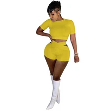 New Sporty Women Short Sleeves O Neck Skinny Solid Patchwork Causal Outfits 2pcs