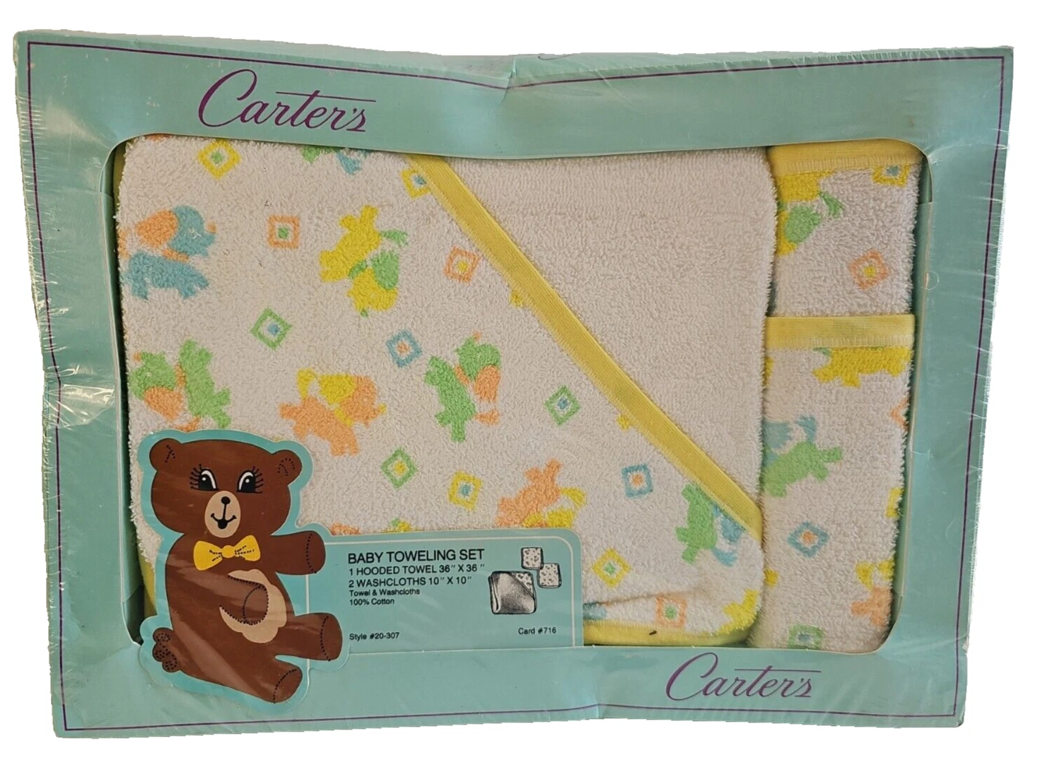 Vintage Carter's Baby Gift Set - 1 Hooded Towel and 2 Washcloths New