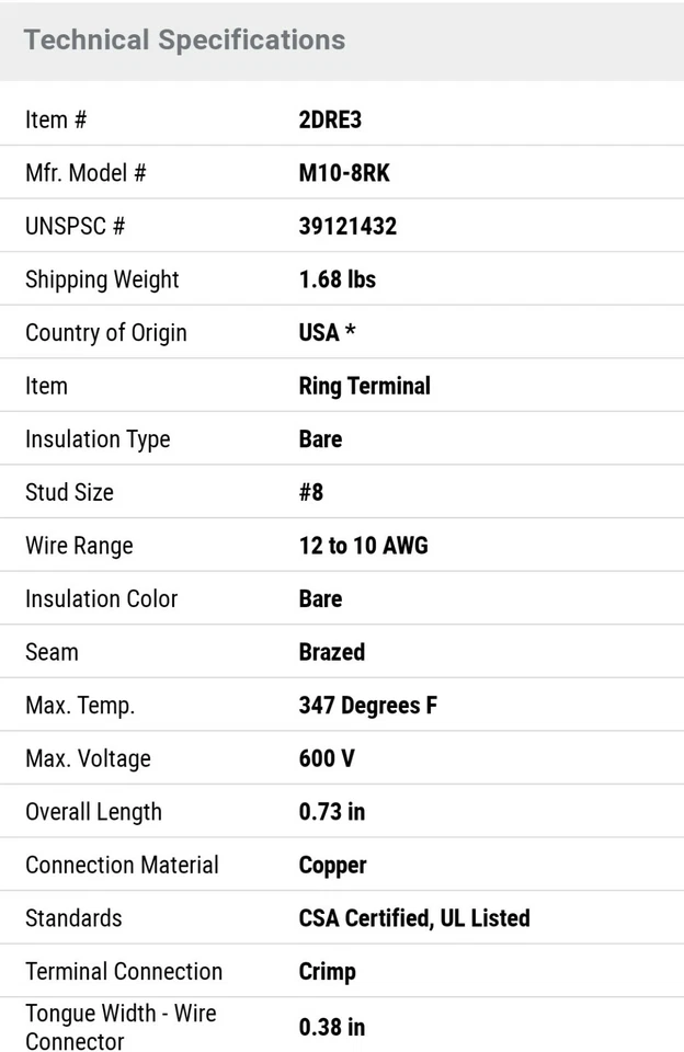 3M M10-8Rk 12-10 Awg Non-Insulated Ring Terminal #8 Stud Pk500 - Image 2 of 4