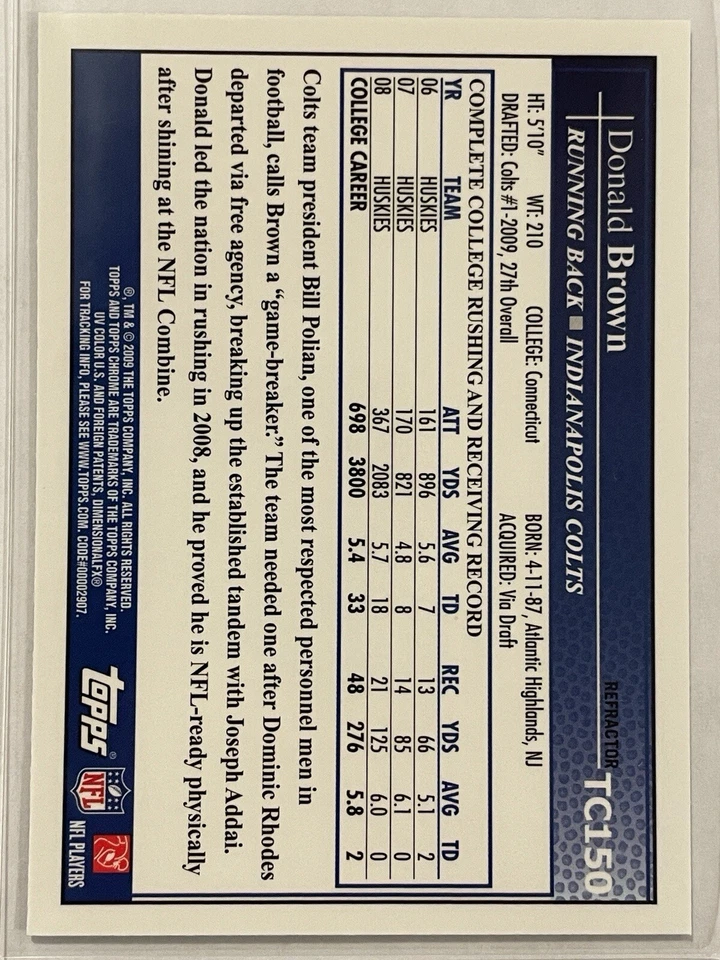 2009 Topps Chrome Blue Refractor Donald Brown SP Rookie RC #TC150 Colts NFL - Image 2 of 2