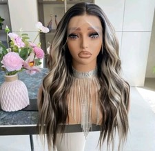 HD Lace Front Wig Human Hair Blend Highlights Wavy Curly Honey BROWN Blonde