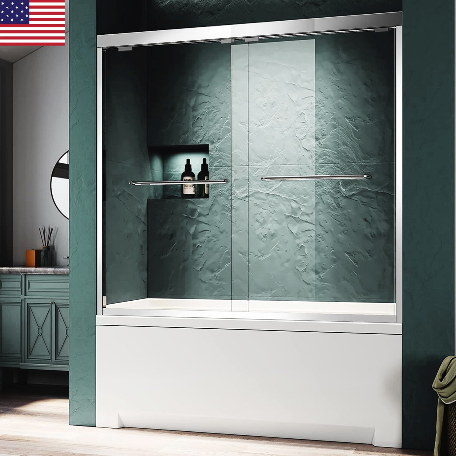 60-inch Framed Chrome Shower Door with 1/4-inch Tempered Glass Double Sliders