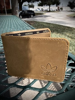 Old School Vintage Adidas Bifold Leather Wallet - 1970 Design Logo Light Brown