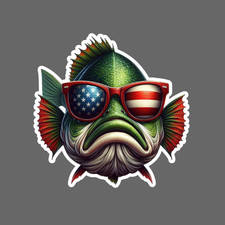Fishing Sticker Vinyl Decal Patriotic Green Bass With Flag Sunglasses Bold Art