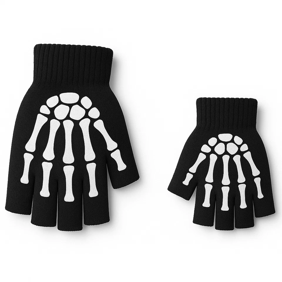 WS ACCESSORIES Skeleton Fingerless Gloves Halloween Skull Bone Winter Party Cosplay Adults Kids
