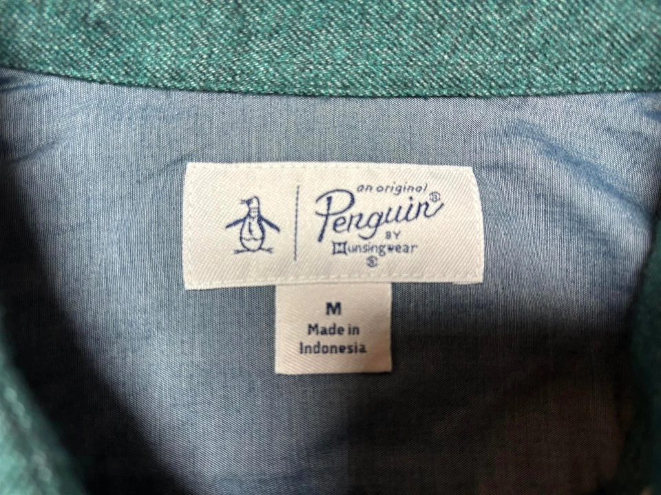 Penguin Mens Button Front Long Sleeve Cotton Polyester Green Logo Shirt Medium M - Image 4 of 4