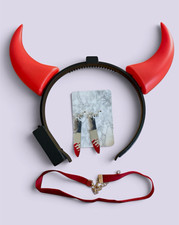 New Light-Up Devil Horns Headband Set w/ Drop Earrings  Red Choker, OS