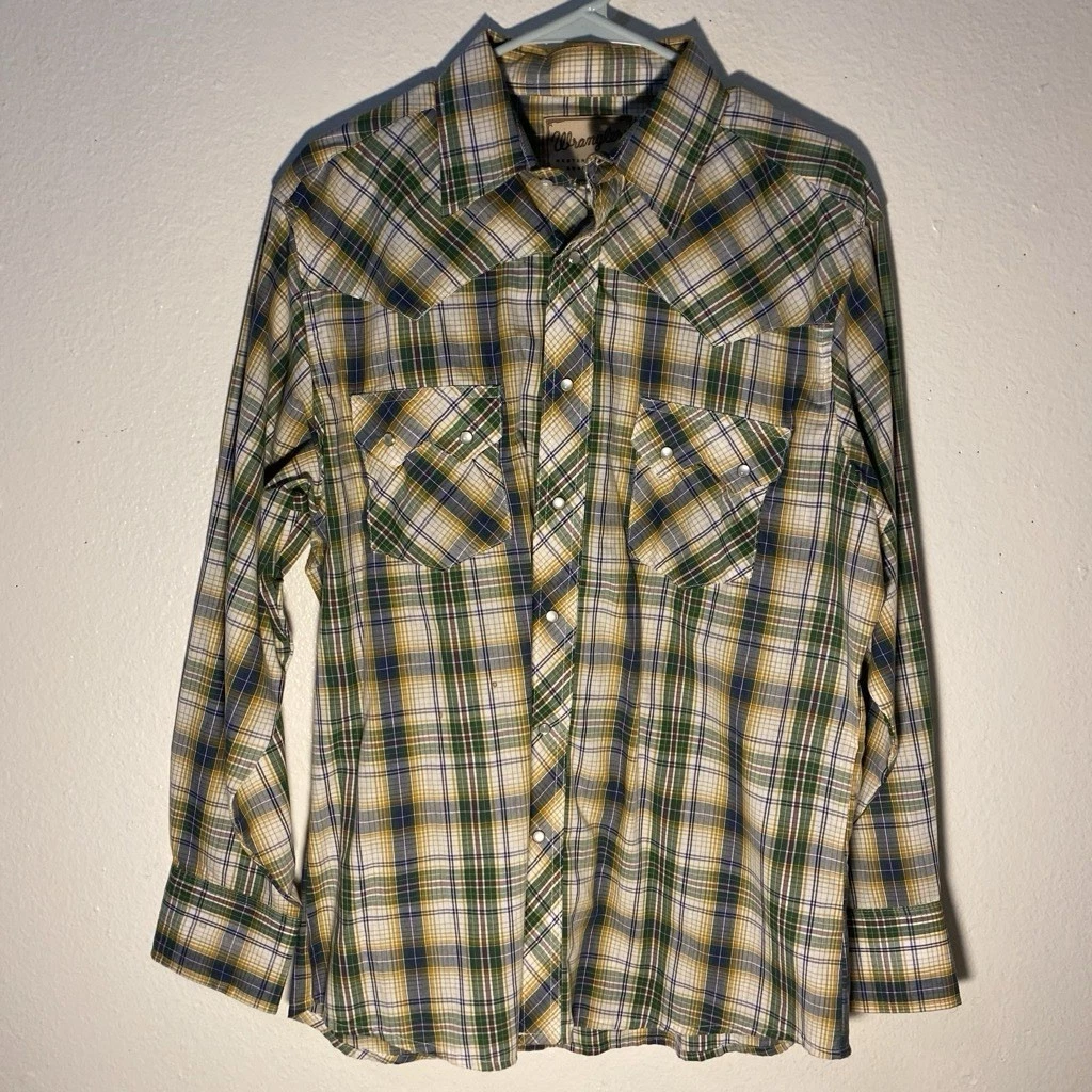 Wrangler Western Shirt Men’s Retro Pearl Snap Plaid Long Sleeve Geometric Large