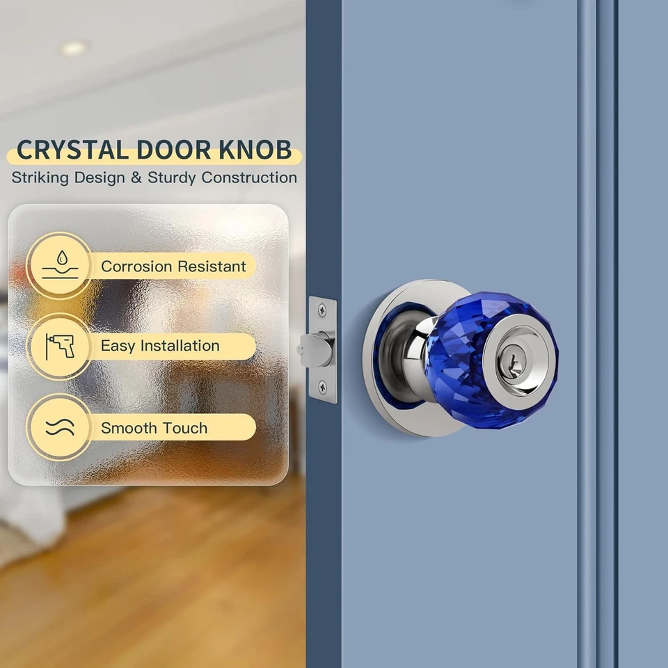 Perilla de puerta de cristal con cerradura de privacidad, perilla de puerta interior de vidrio azul con llaves y Foto 2 de 4