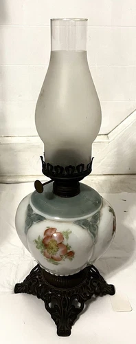 Vintage 9" tall Floral Pattern Milk Glass Oil Lamp + wick, Chimney (18.5")