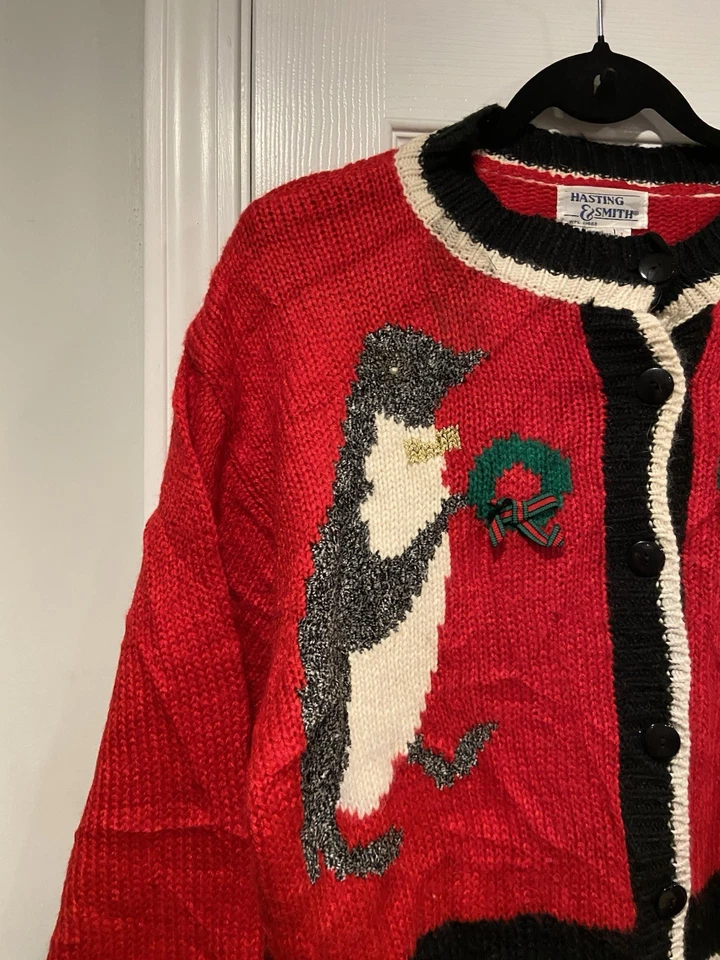 Suéter de Colección Hasting & Smith Talla L Navidad Pingüino Rojo Negro Tejido Coronas Años 80 Foto 3 de 4