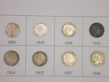 Lot of 8 British Silver 3d Threepence Coins (1883-1940) - Victoria to George VI