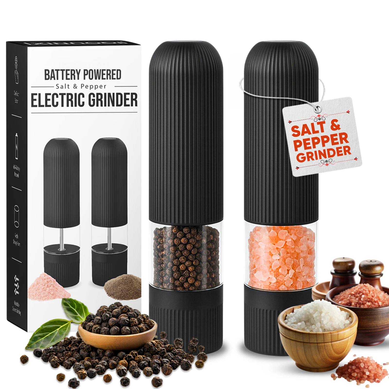 Electric Salt and Pepper Grinder - Set of 2, Adjustable Coarseness, LED Light